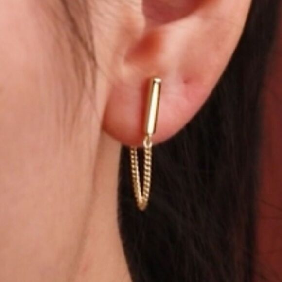 14k Gold/ Sterling Silver Cuban Chain Bar Earrings - Picture 14 of 15